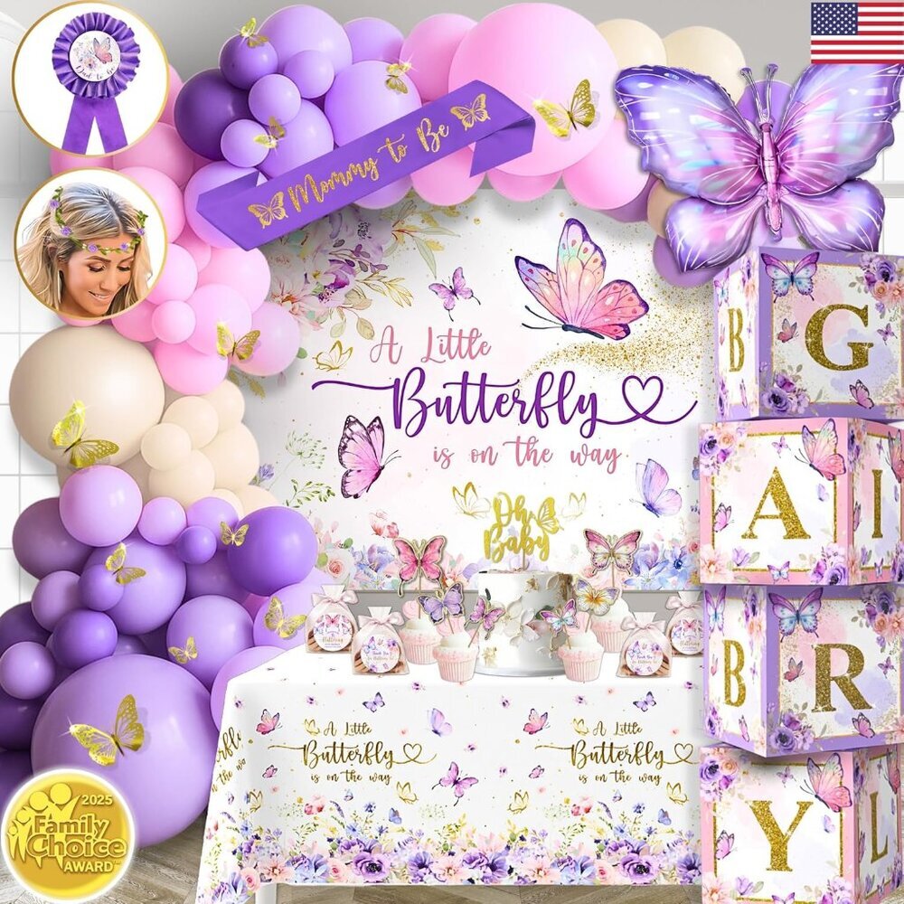195 Pc Butterfly Baby Shower Decorations for Girl with Pink and Purple Butterfly